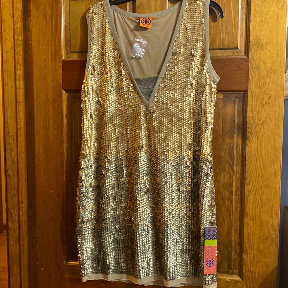 Tory Burch Gold Sequin Shift Cocktail Dress with V-screened neckline